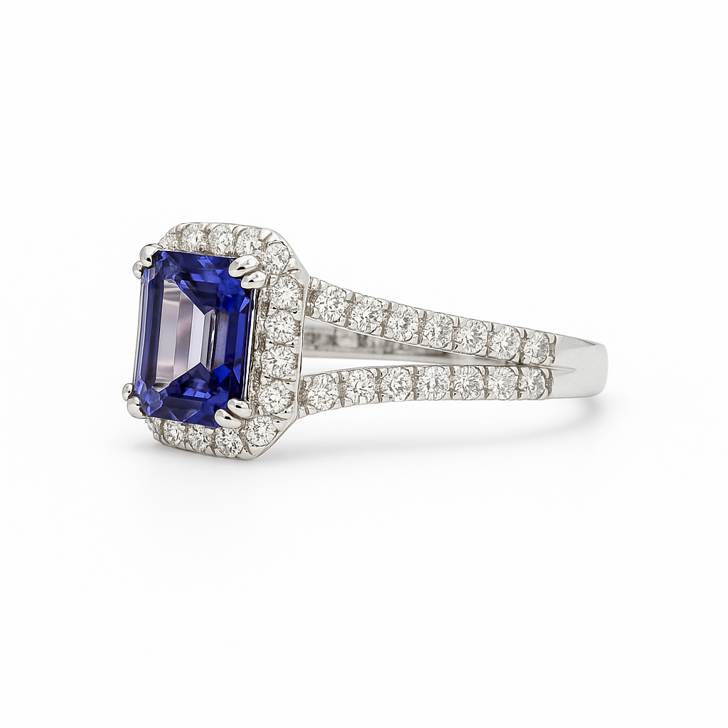 Emerald Cut Tanzanite & Diamond Ring