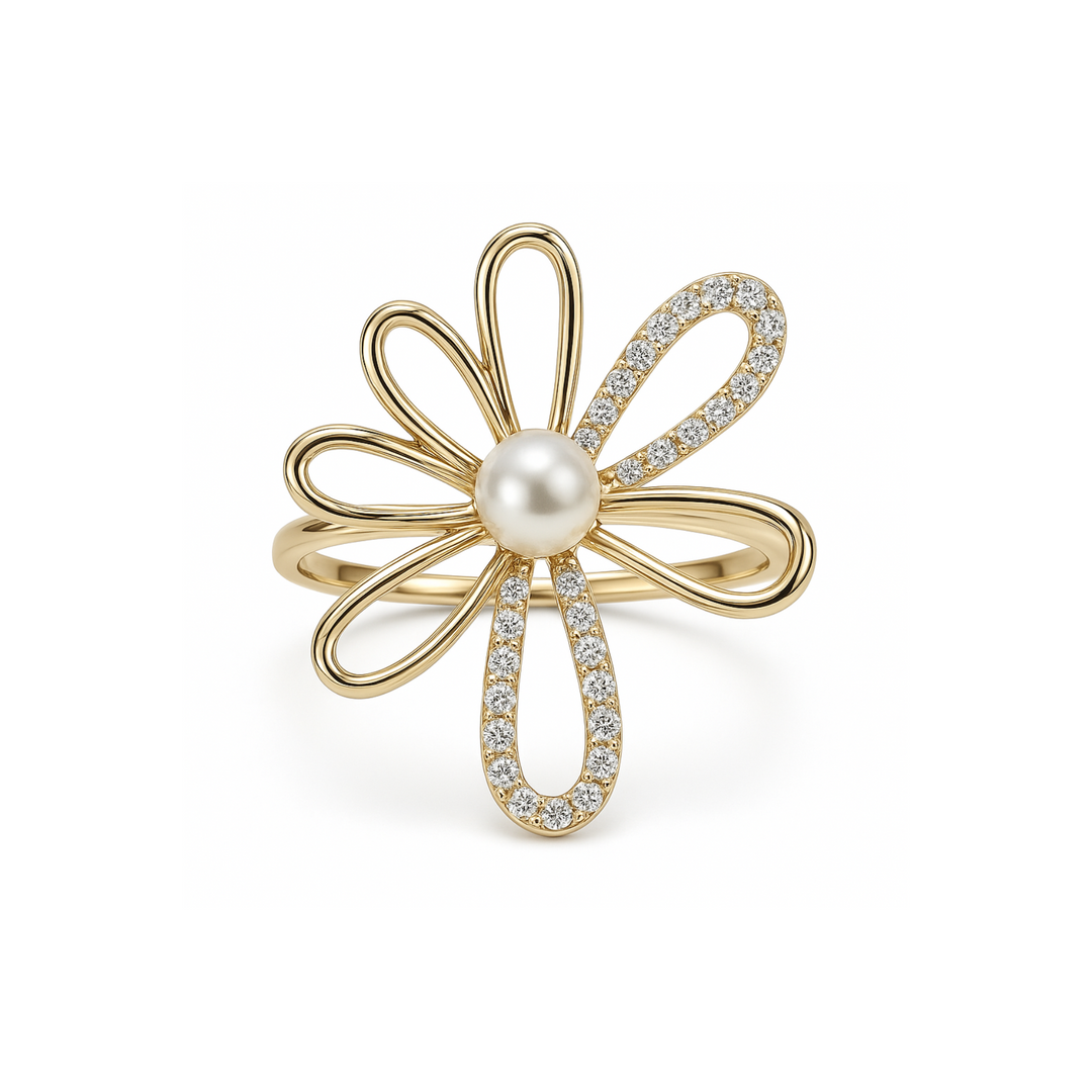 Pearl & Diamond Floral Ring