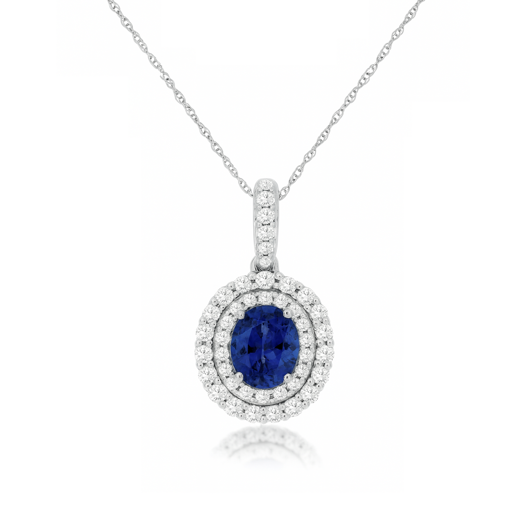 Oval Tanzanite & Double Diamond Halo Necklace
