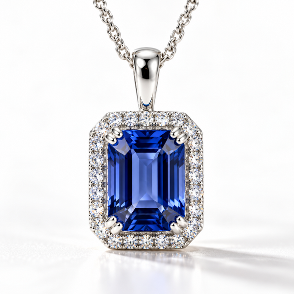 Emerald Cut Tanzanite & Diamond 14kt White Gold Necklace