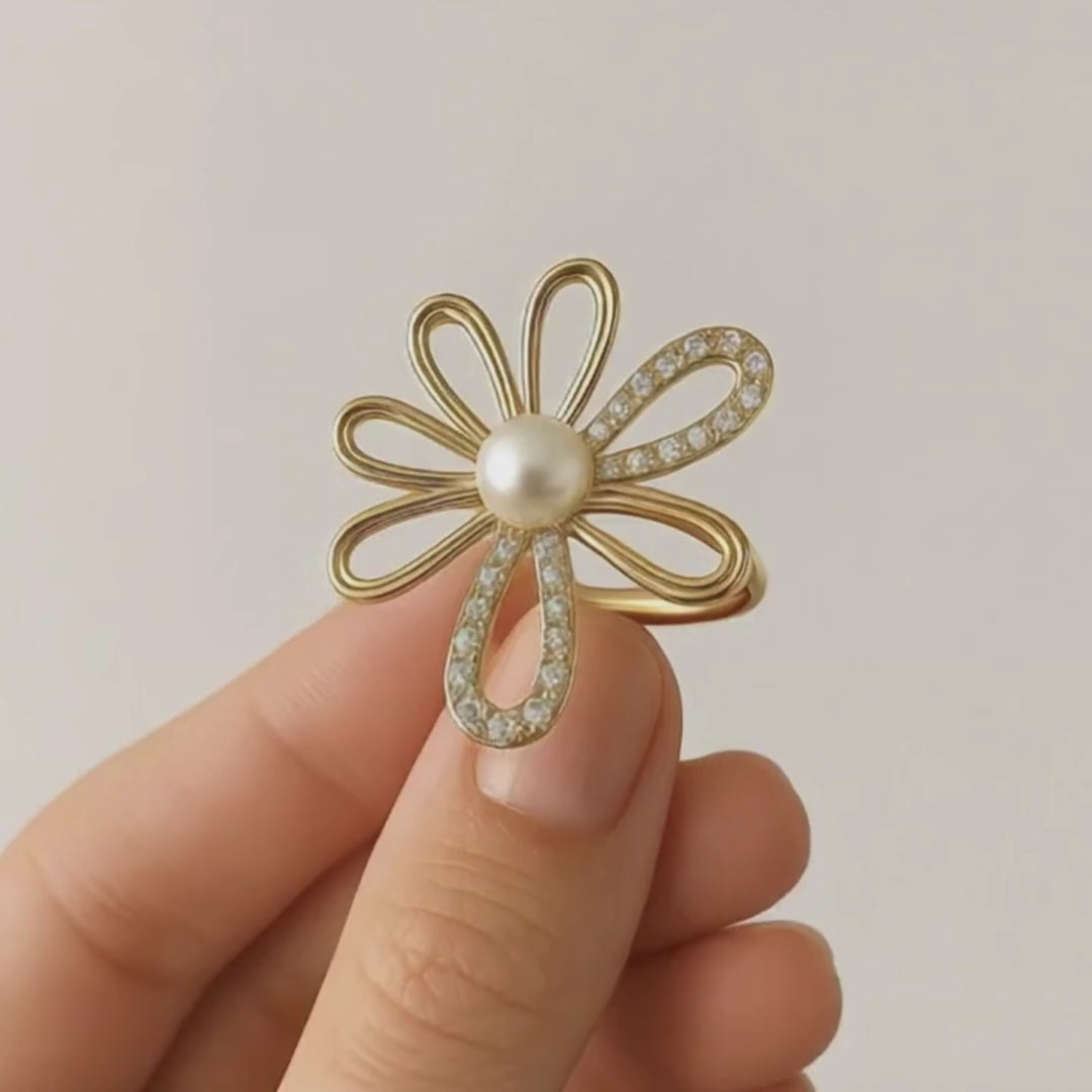 Pearl & Diamond Floral Ring