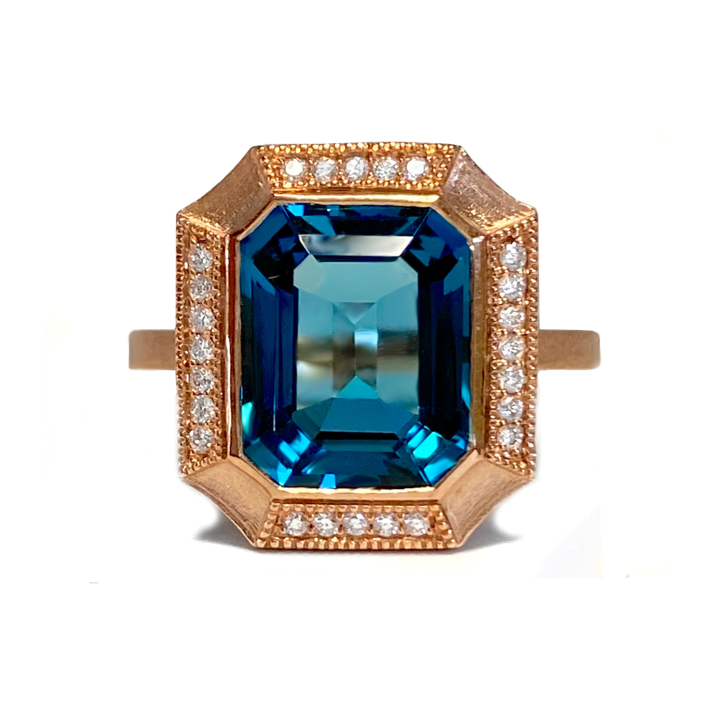 Blue Topaz & Diamond Halo Rose Gold Ring