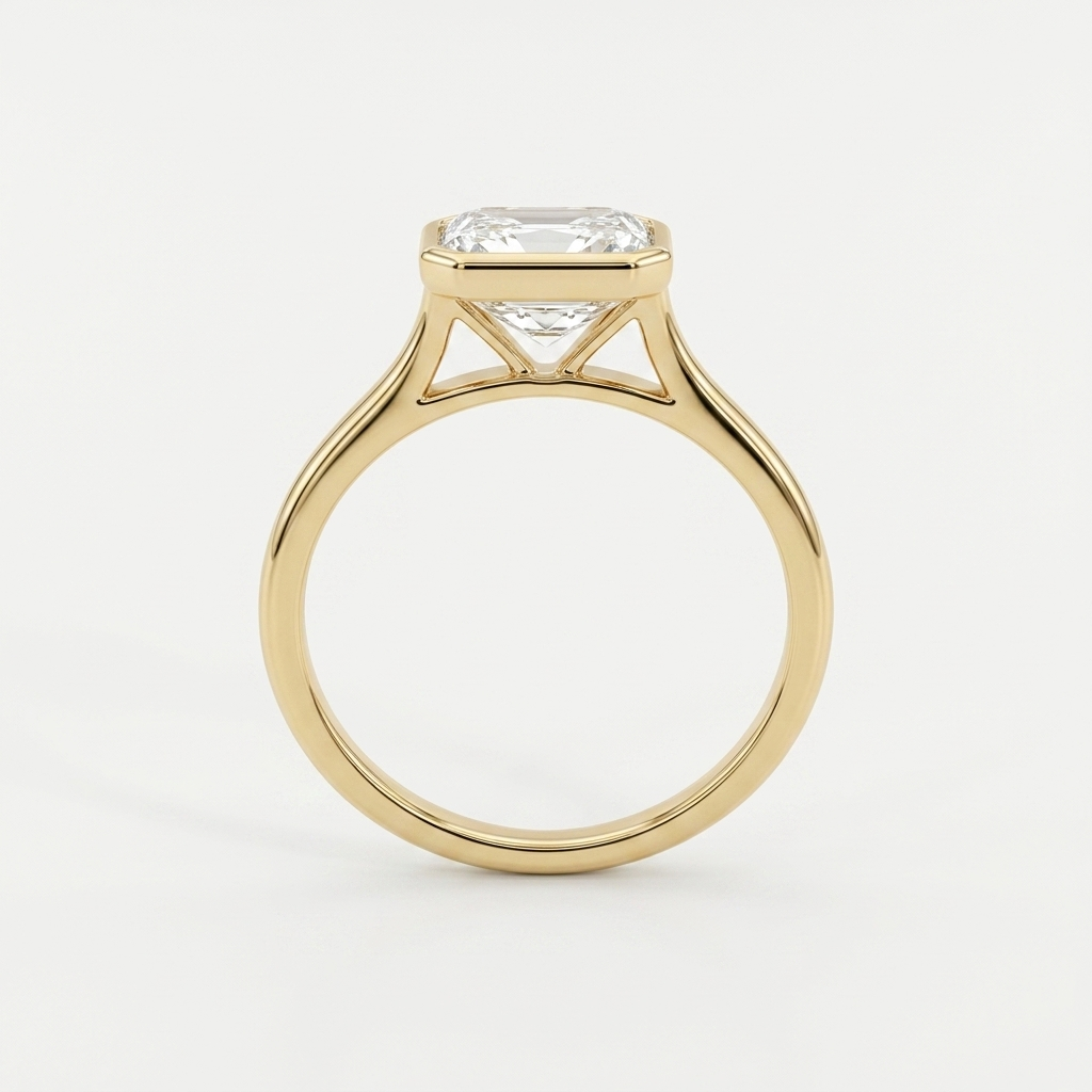 3.00cts Emerald Cut Lab Grown Bezel Set Yellow Gold Ring