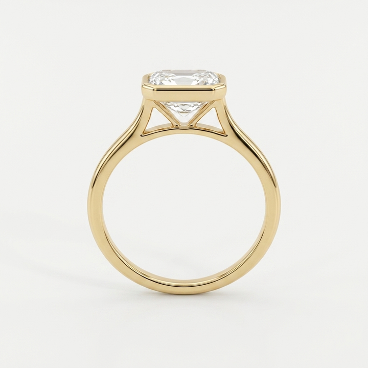 3.00cts Emerald Cut Lab Grown Bezel Set Yellow Gold Ring