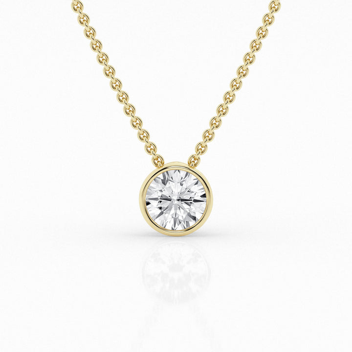 1.00cts round lab grown diamond bezel set necklace featuring a sleek, modern design with a brilliant diamond centerpiece on a fine chain, perfect for everyday elegance or special occasions.