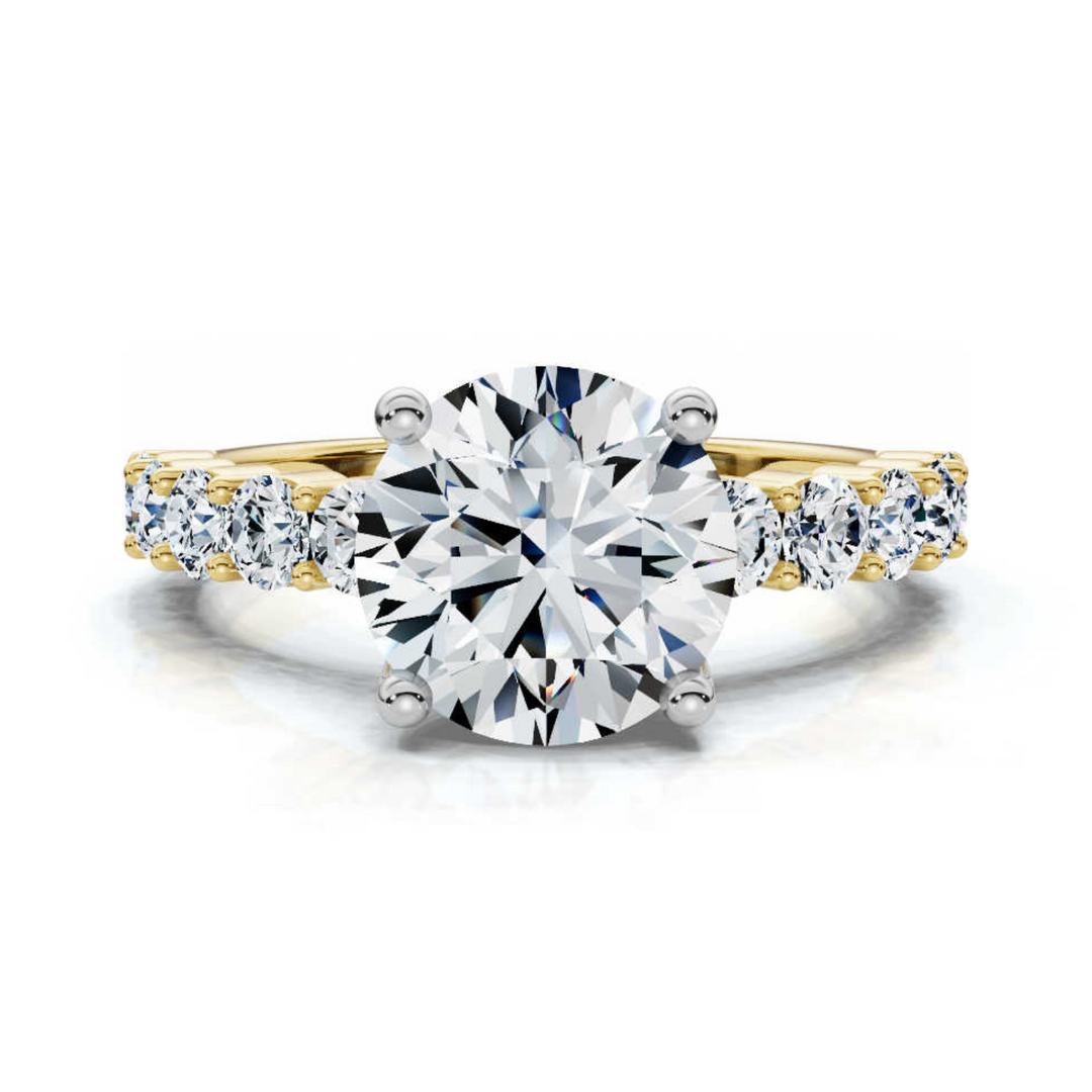 Sophisticated accented round shared prong ring featuring a brilliant round-cut center diamond, complemented by shimmering accent stones in a timeless shared prong setting.