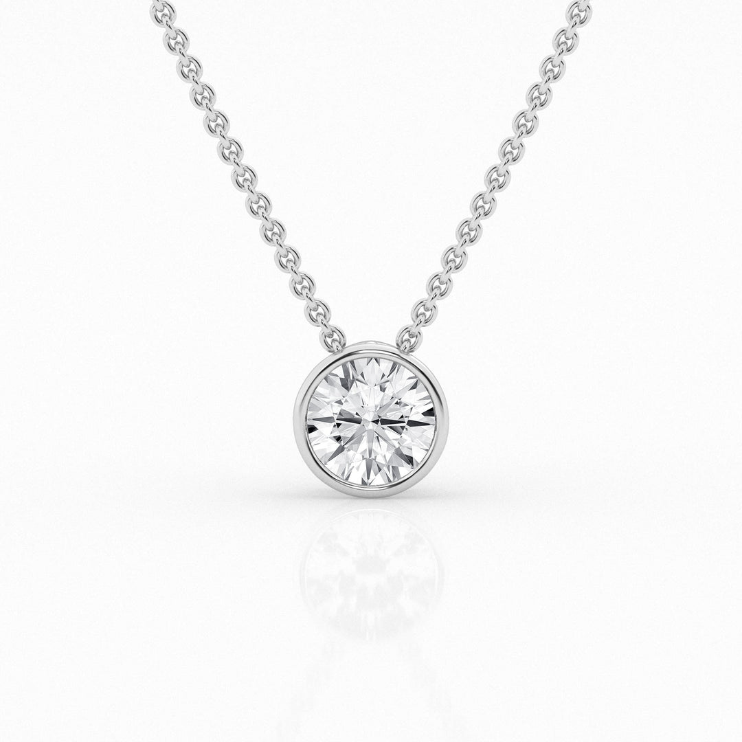 1.00cts round lab grown diamond bezel set necklace featuring a sleek, modern design with a brilliant diamond centerpiece on a fine chain, perfect for everyday elegance or special occasions.