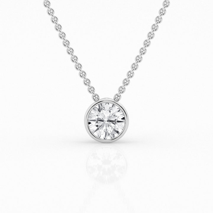 1.00cts round lab grown diamond bezel set necklace featuring a sleek, modern design with a brilliant diamond centerpiece on a fine chain, perfect for everyday elegance or special occasions.