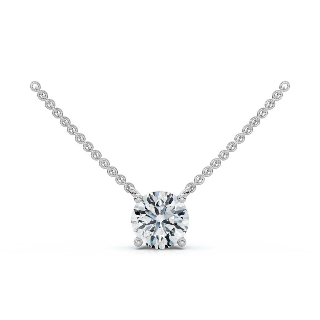 Elegant 1.00cts round lab grown diamond solitaire necklace, featuring a stunning single diamond set in a classic four-prong setting on a delicate chain, perfect for timeless sophistication.