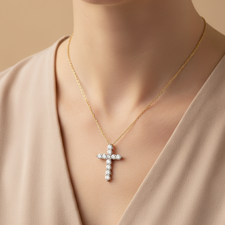 2.05ctw Diamond Cross Yellow Gold Necklace - Lab Grown