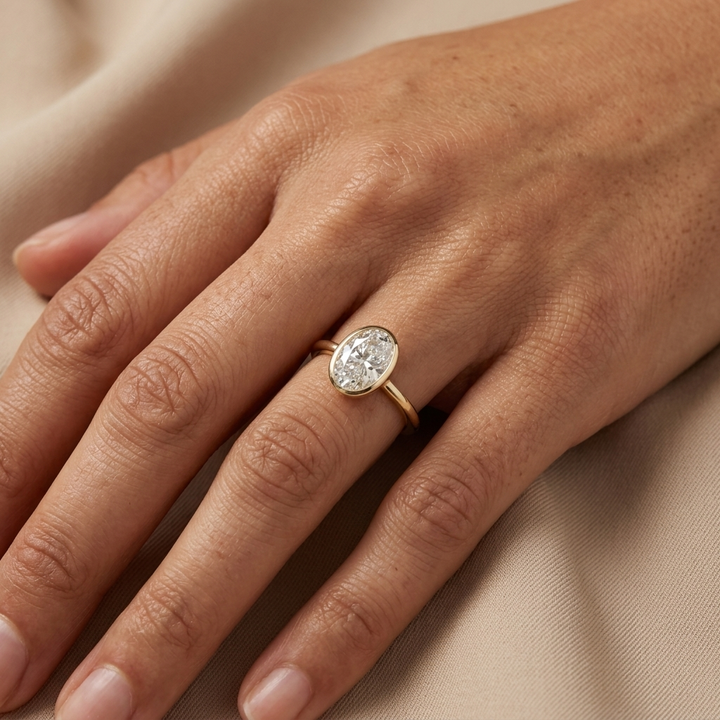 2.00cts Oval Cut Lab Grown Bezel Set Yellow Gold Ring
