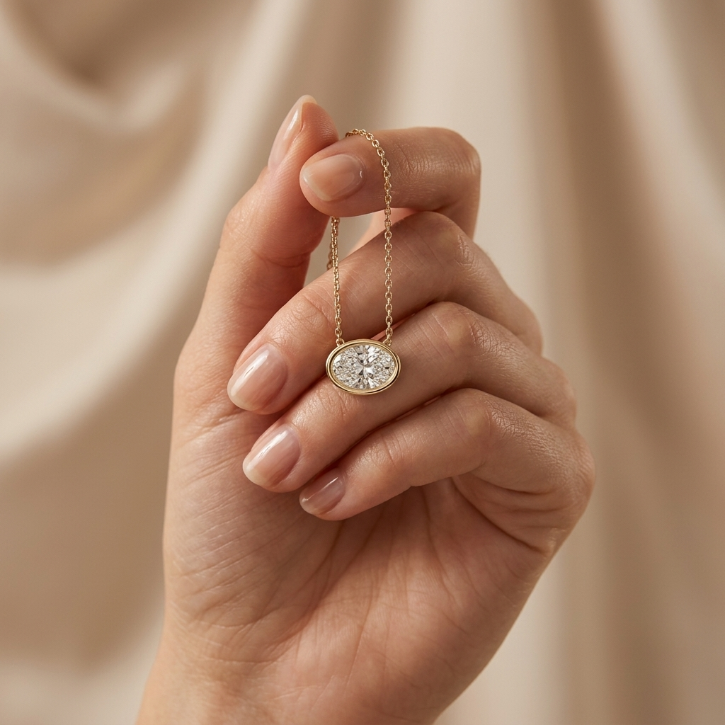 Beautiful oval-cut lab grown diamond bezel-set necklace, adding radiant sparkle to any occasion