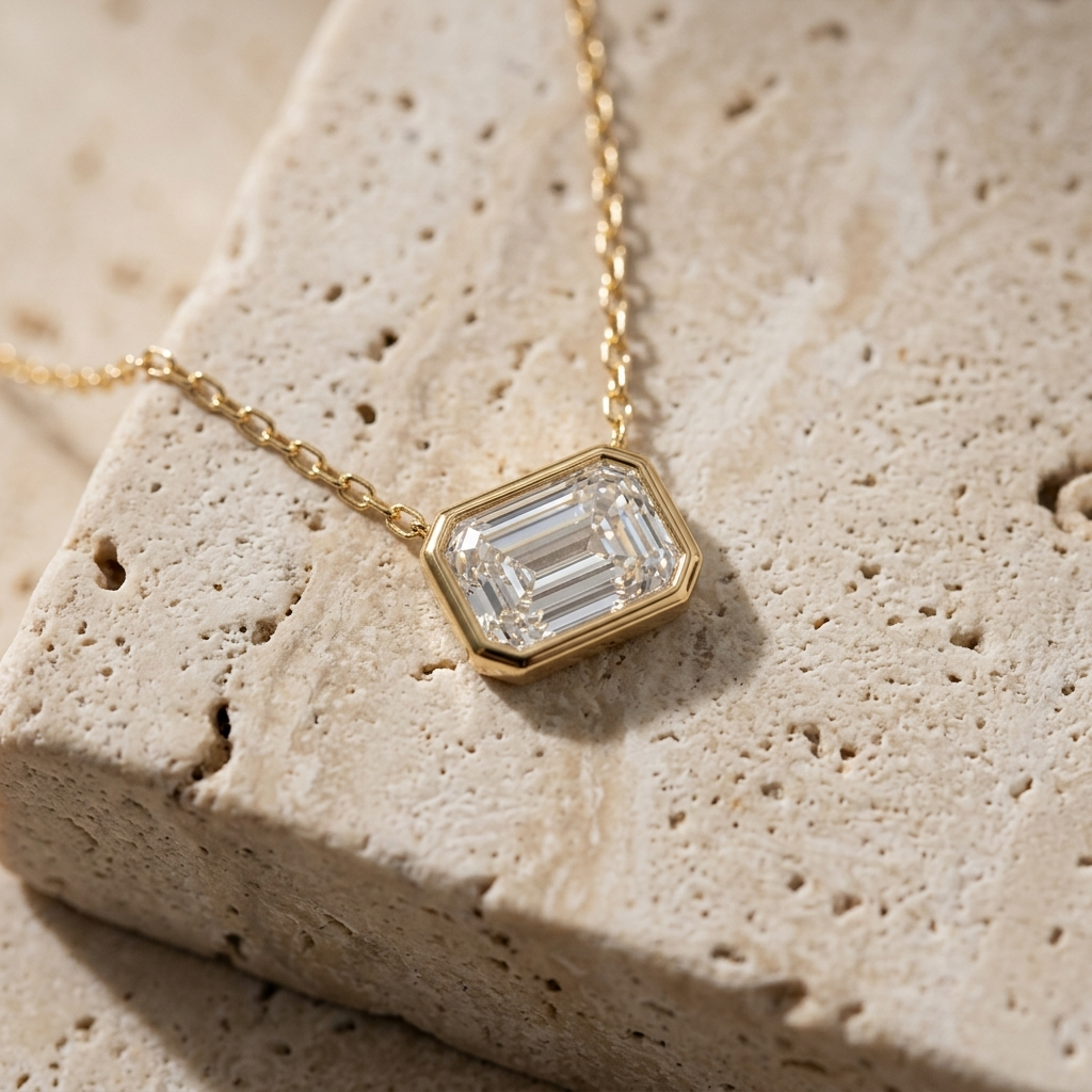 Emerald Cut Lab Grown Diamond Bezel Set Necklace