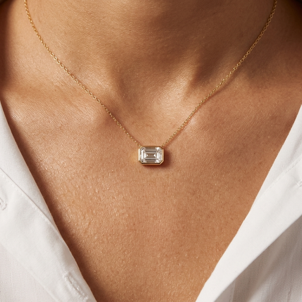 Emerald Cut Lab Grown Diamond Bezel Set Necklace