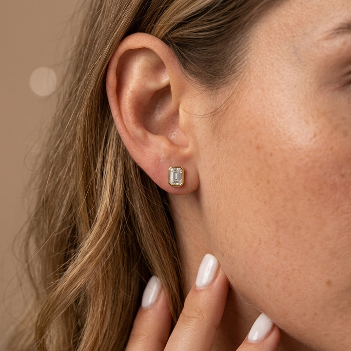 Classic 2.00ctw lab grown emerald and diamond bezel-set stud earrings, a timeless classic for everyday elegance