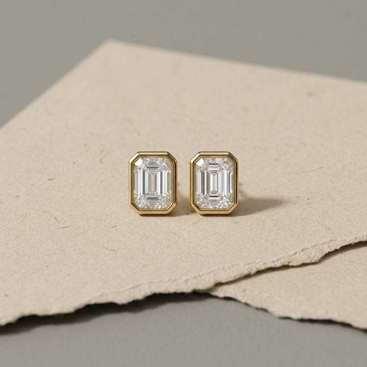 Classic 2.00ctw lab grown emerald and diamond bezel-set stud earrings, a timeless classic for everyday elegance