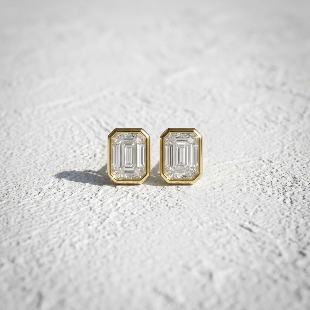 Classic 2.00ctw lab grown emerald and diamond bezel-set stud earrings, a timeless classic for everyday elegance