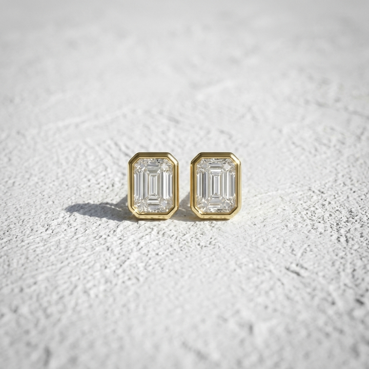 Classic 2.00ctw lab grown emerald and diamond bezel-set stud earrings, a timeless classic for everyday elegance
