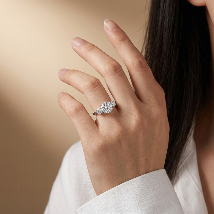 Three stone round diamond engagement ring, detail view