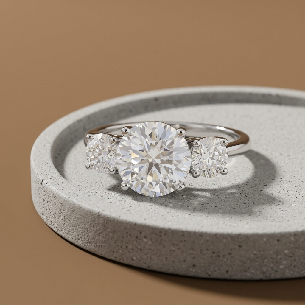 Three stone round diamond engagement ring, additional view