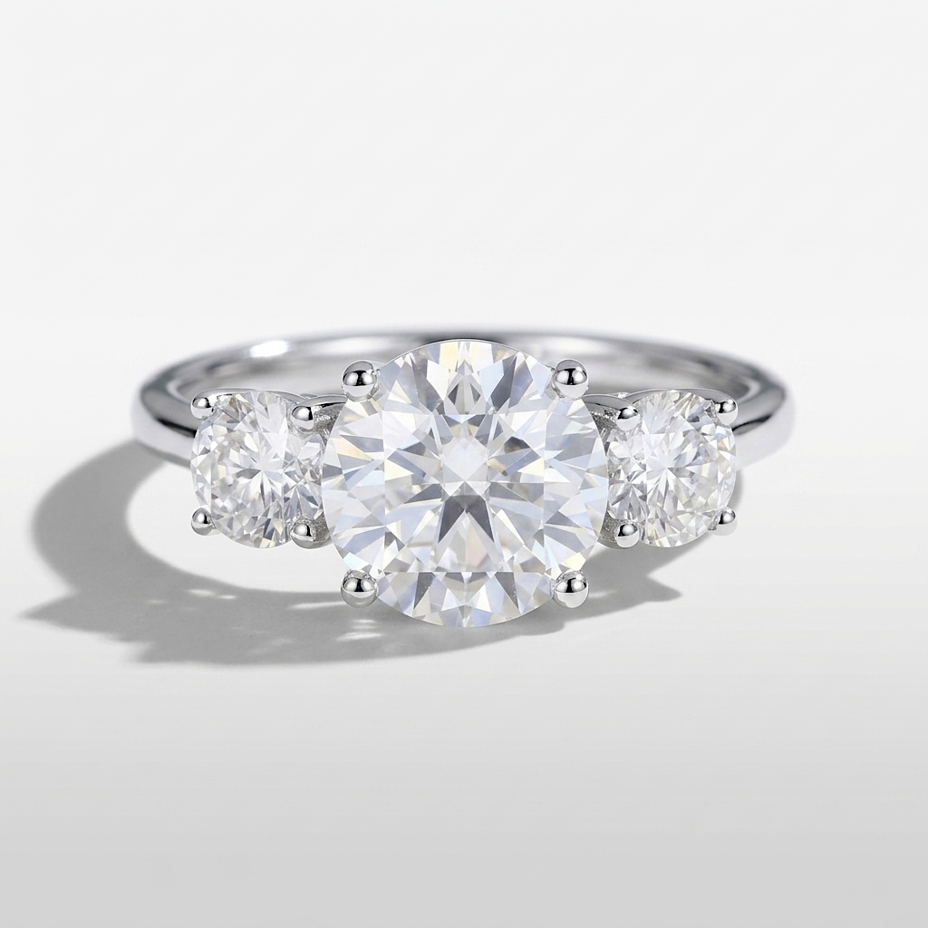 Three stone round diamond engagement ring on a minimal band