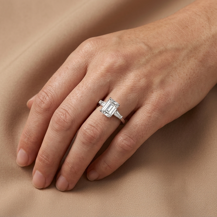 A white gold engagement ring with a Emerald-cut center stone and side stones, worn on a hand resting on a beige fabric surface