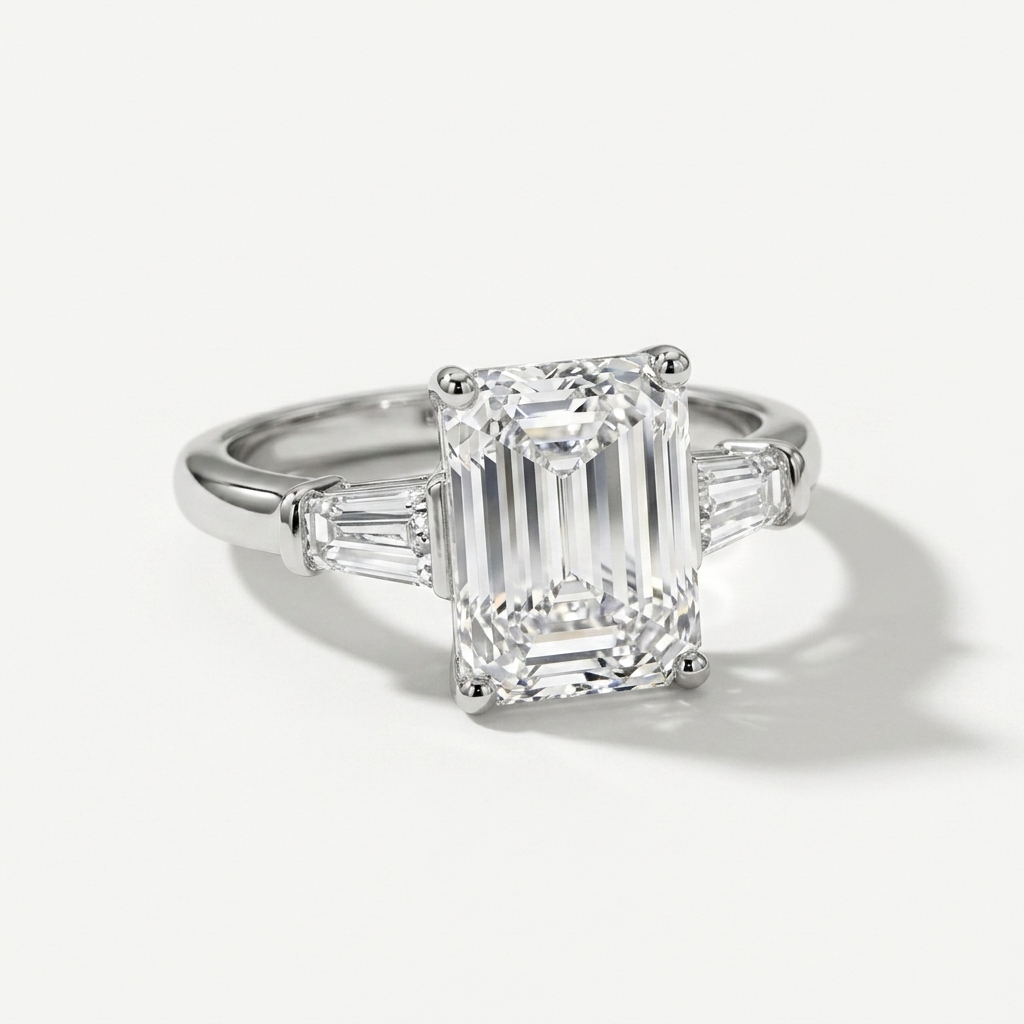 An emerald-cut diamond ring with baguette side stones in a white gold metal setting, photographed on a clean white background with a soft shadow.