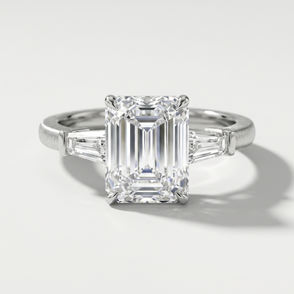 An emerald-cut diamond ring with baguette side stones in a white gold setting, photographed on a clean light gray background with a soft shadow.