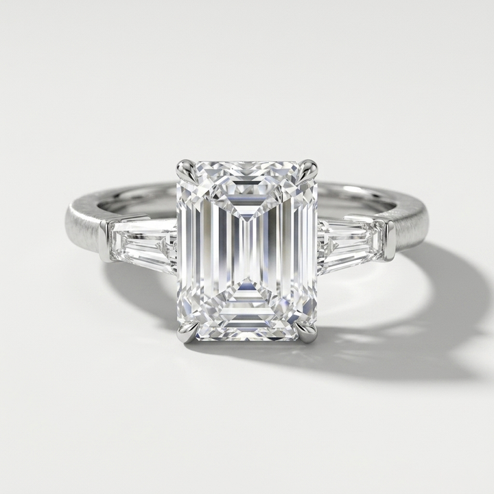 An emerald-cut diamond ring with baguette side stones in a white gold setting, photographed on a clean light gray background with a soft shadow.