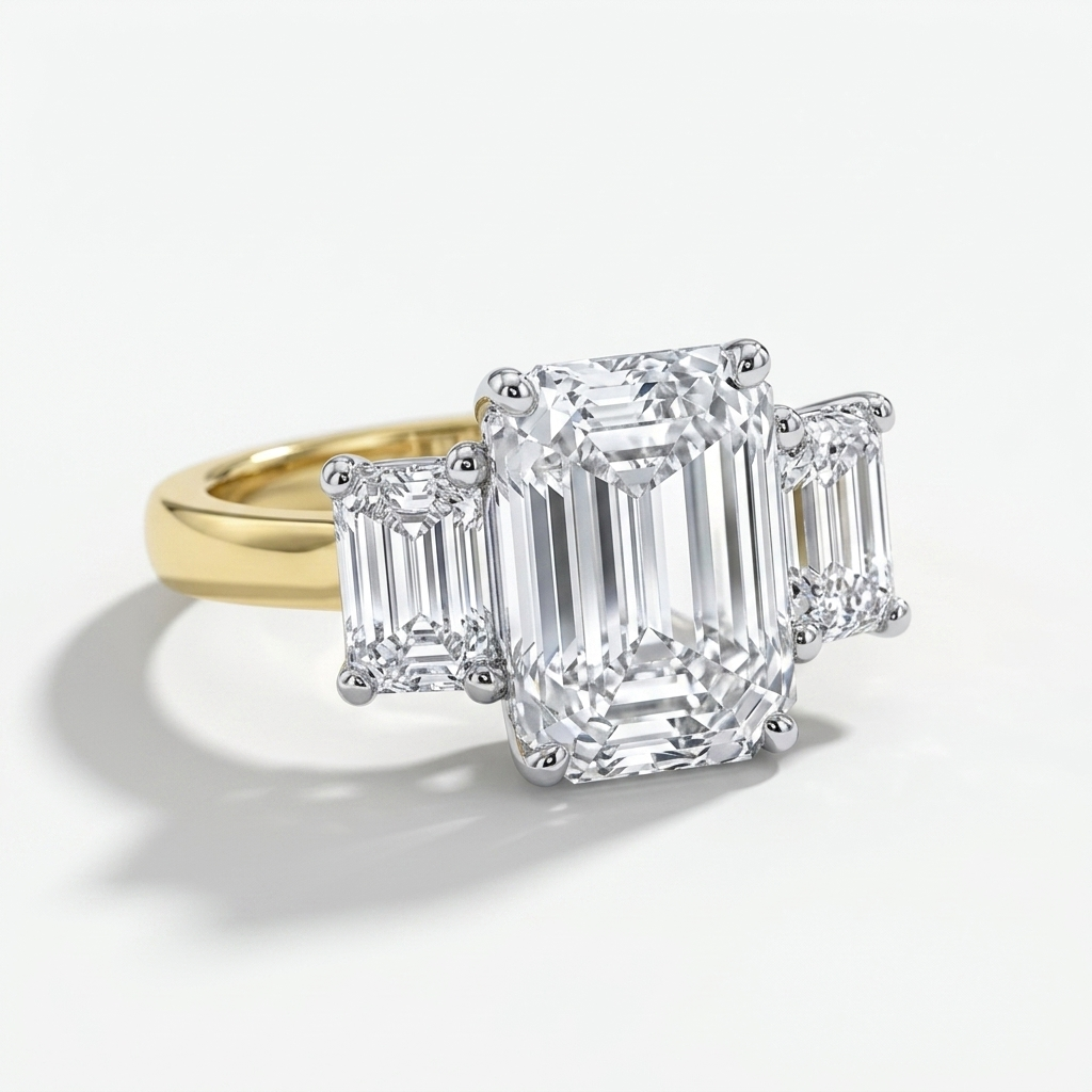 Three stone emerald cut diamond engagement ring, additional view
