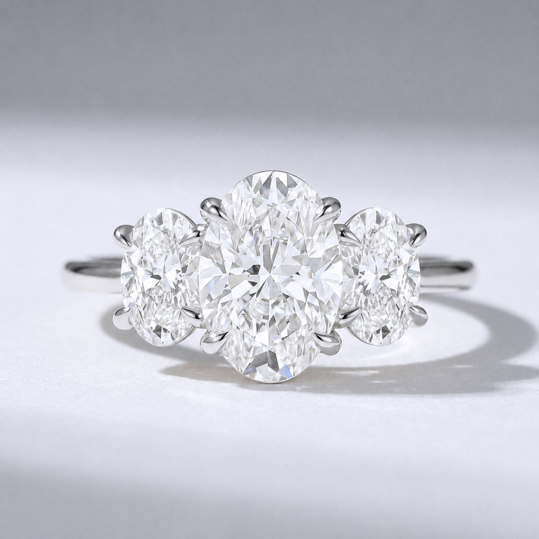 Three stone oval diamond engagement ring, alternate view