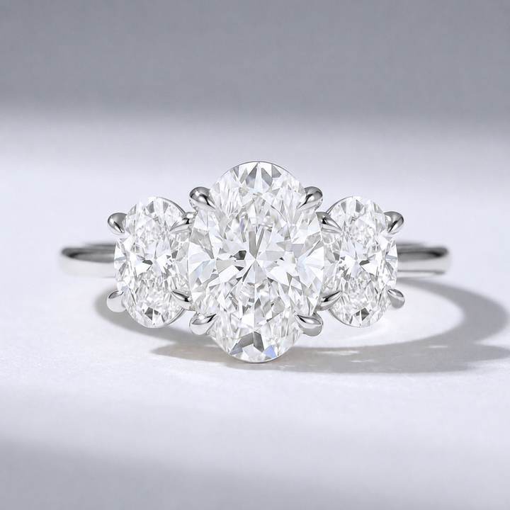 Three stone oval diamond engagement ring, alternate view