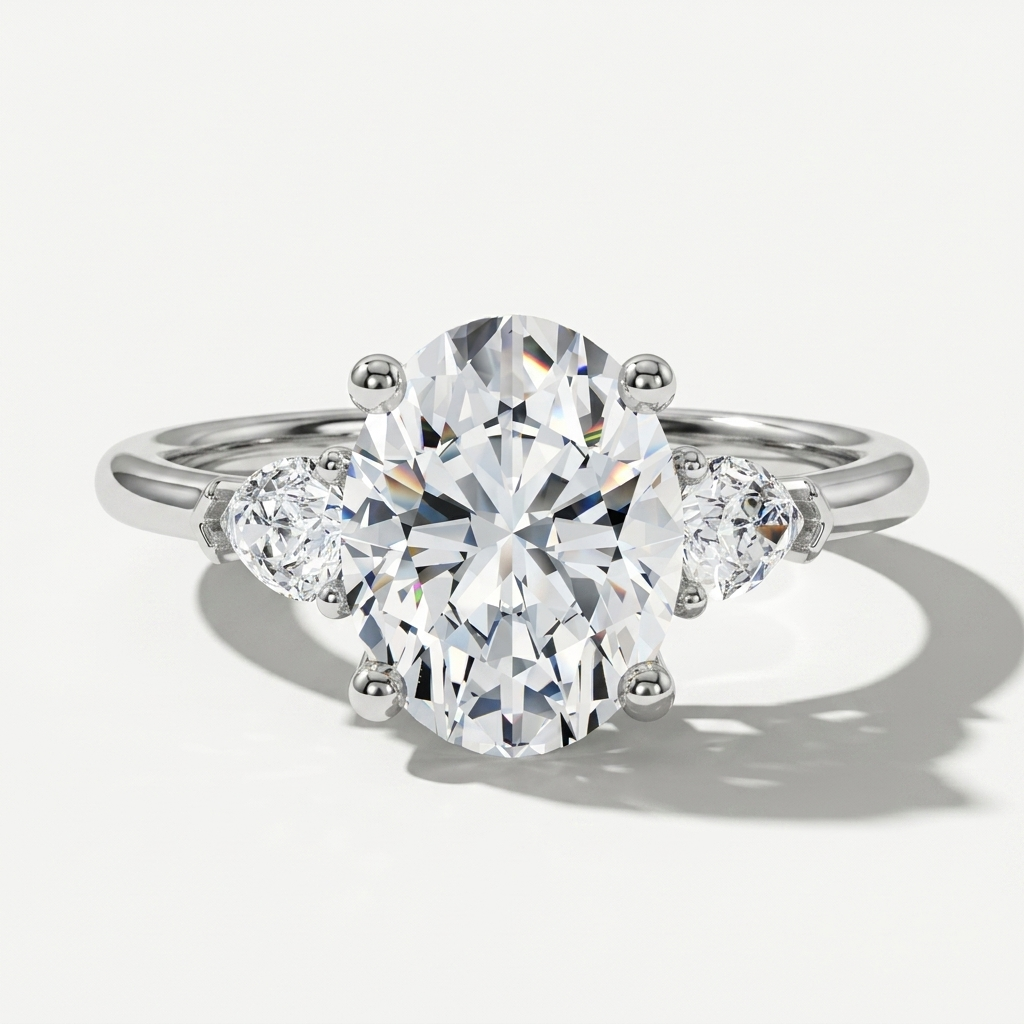 Three stone engagement ring with oval center diamond and pear side stones