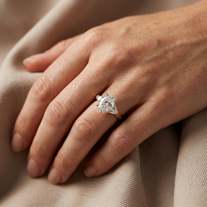 A close-up of a hand wearing a silver-toned ring with a large clear oval diamond with trapezoid side stones, resting on soft beige fabric.