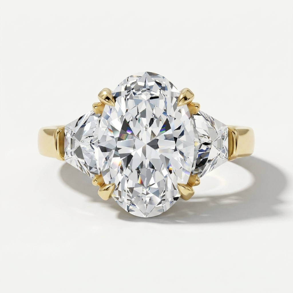 A three-stone diamond ring featuring a large oval center diamond in a yellow gold setting, flanked by two trapezoid-cut diamonds on a clean white background.