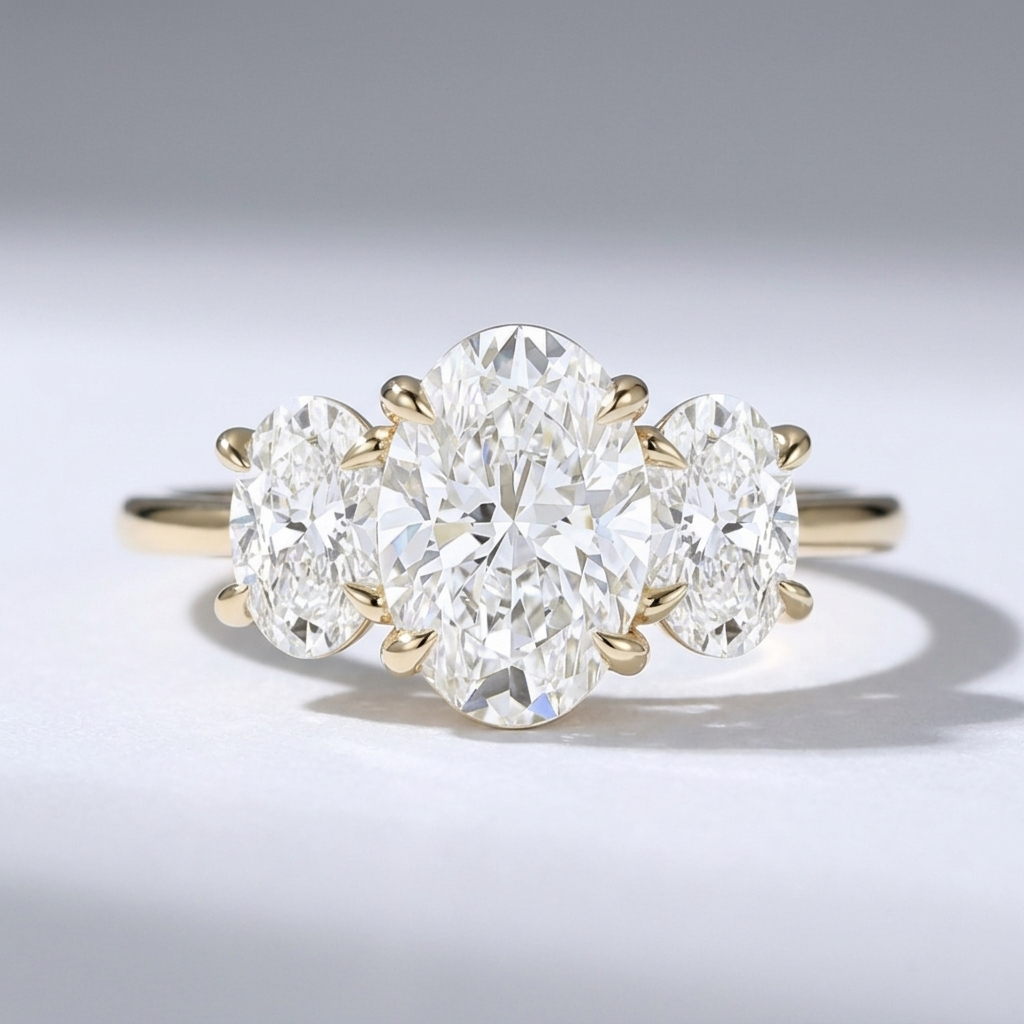 Three stone oval diamond engagement ring on a minimal band