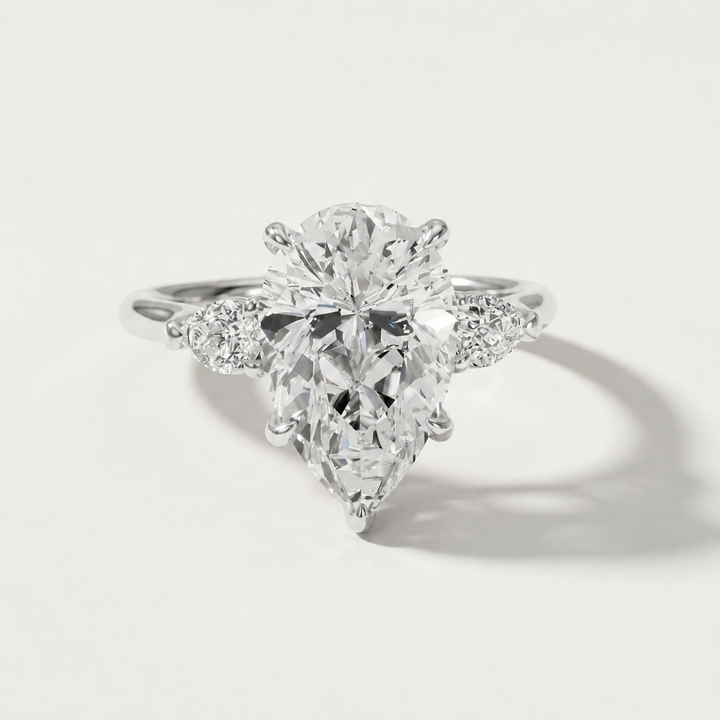 Three stone pear diamond engagement ring, alternate view
