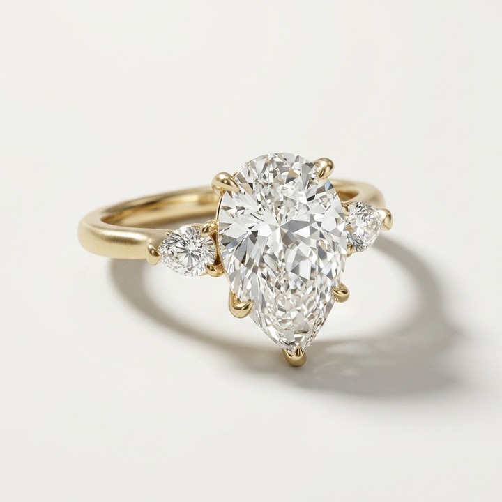 Three stone pear diamond engagement ring, detail view