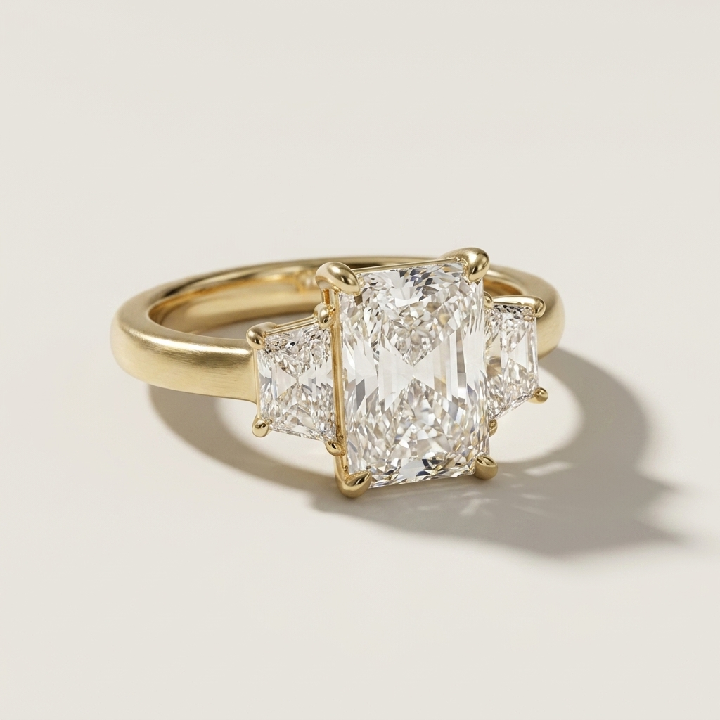 A yellow gold three-stone ring featuring a large rectangular radiant center diamond flanked by two smaller radiant cut diamonds, set against a clean off-white background with a soft shadow.