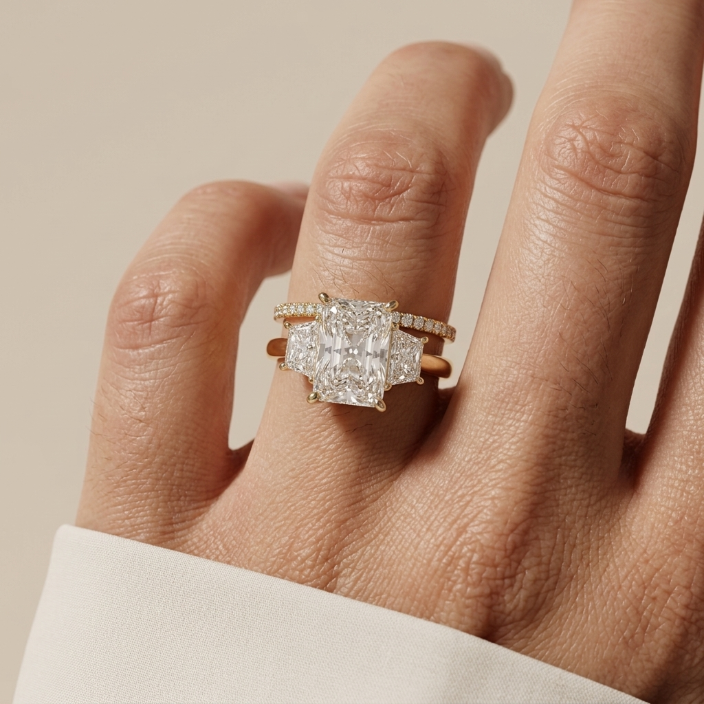 A close-up of a hand wearing a yellow gold ring set with three Radiant-cut diamonds and smaller side diamonds, against a soft beige background.