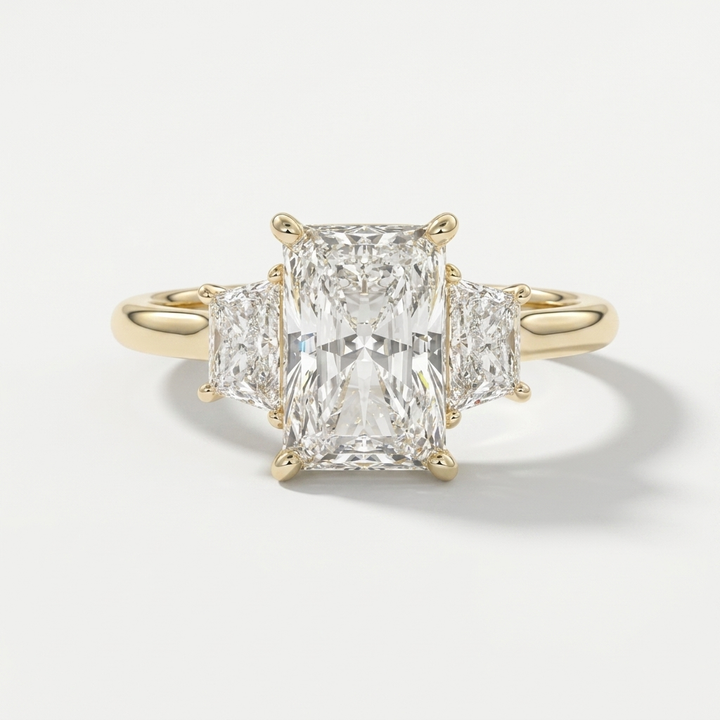 A radiant-cut three-stone diamond ring with a brilliant center stone and two smaller side stones set in a polished yellow gold metal band, shown on a light gray background.