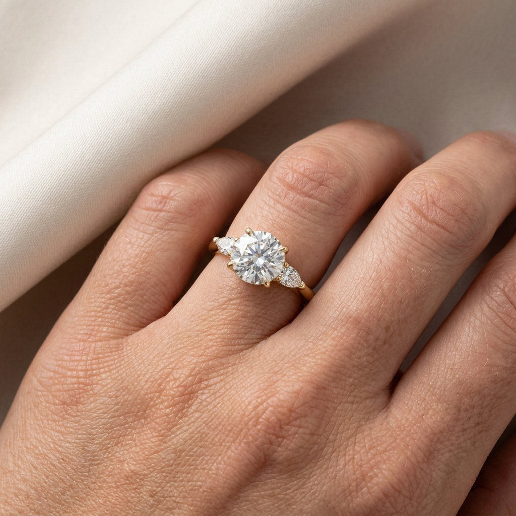 Round and pear three stone engagement ring, detail view