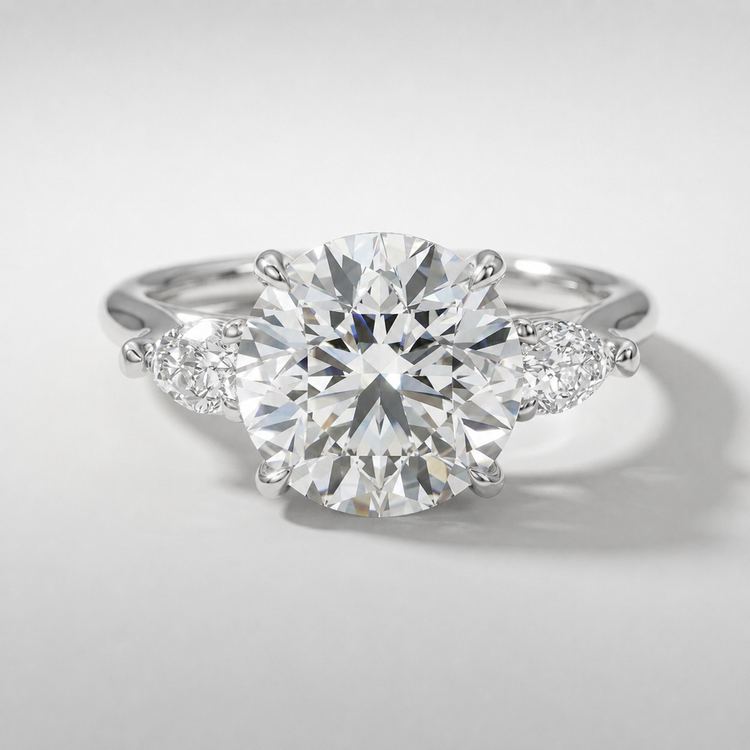 Round and pear three stone engagement ring, alternate view