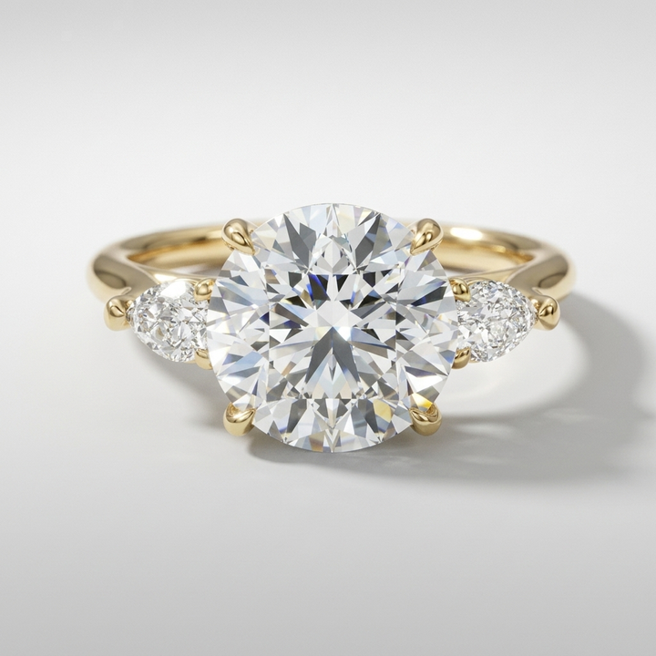 Three stone engagement ring with round center diamond and pear side stones