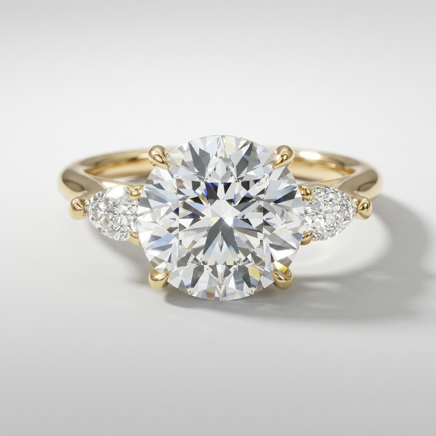 Three stone engagement ring with round center diamond and pear side stones