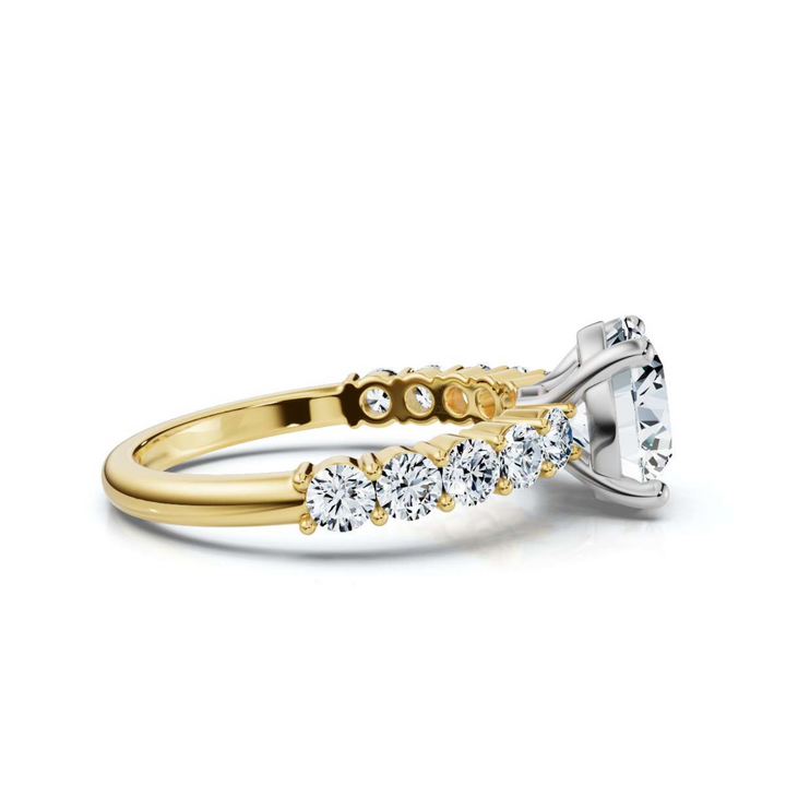 Sophisticated accented round shared prong ring featuring a brilliant round-cut center diamond, complemented by shimmering accent stones in a timeless shared prong setting.