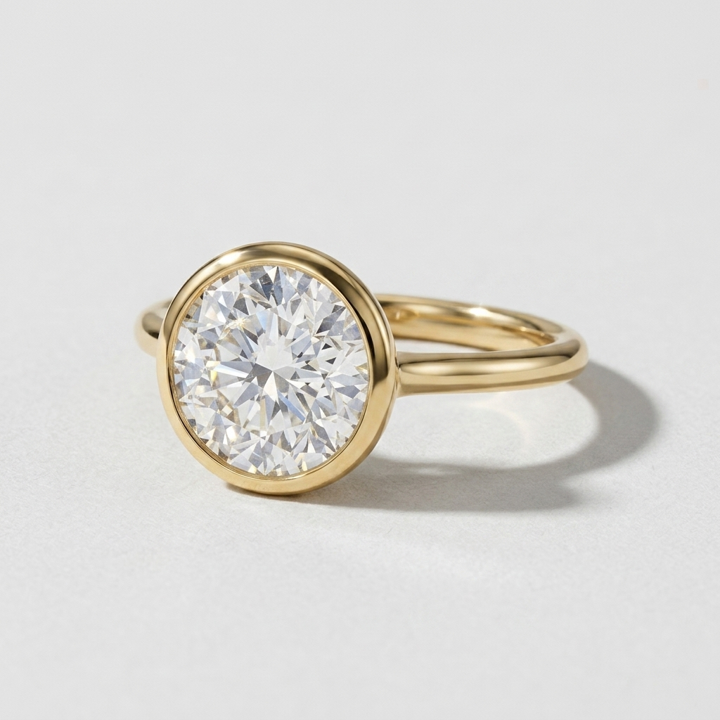 3.00cts Round Lab Grown Bezel Set Yellow Gold Ring