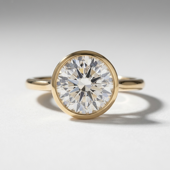 3.00cts Round Lab Grown Bezel Set Yellow Gold Ring
