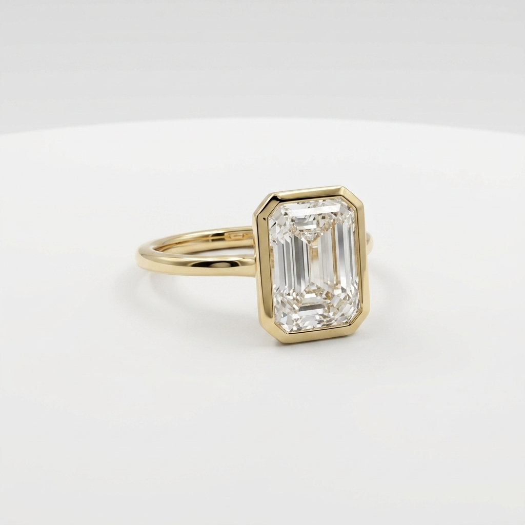 3.00cts Emerald Cut Lab Grown Bezel Set Yellow Gold Ring