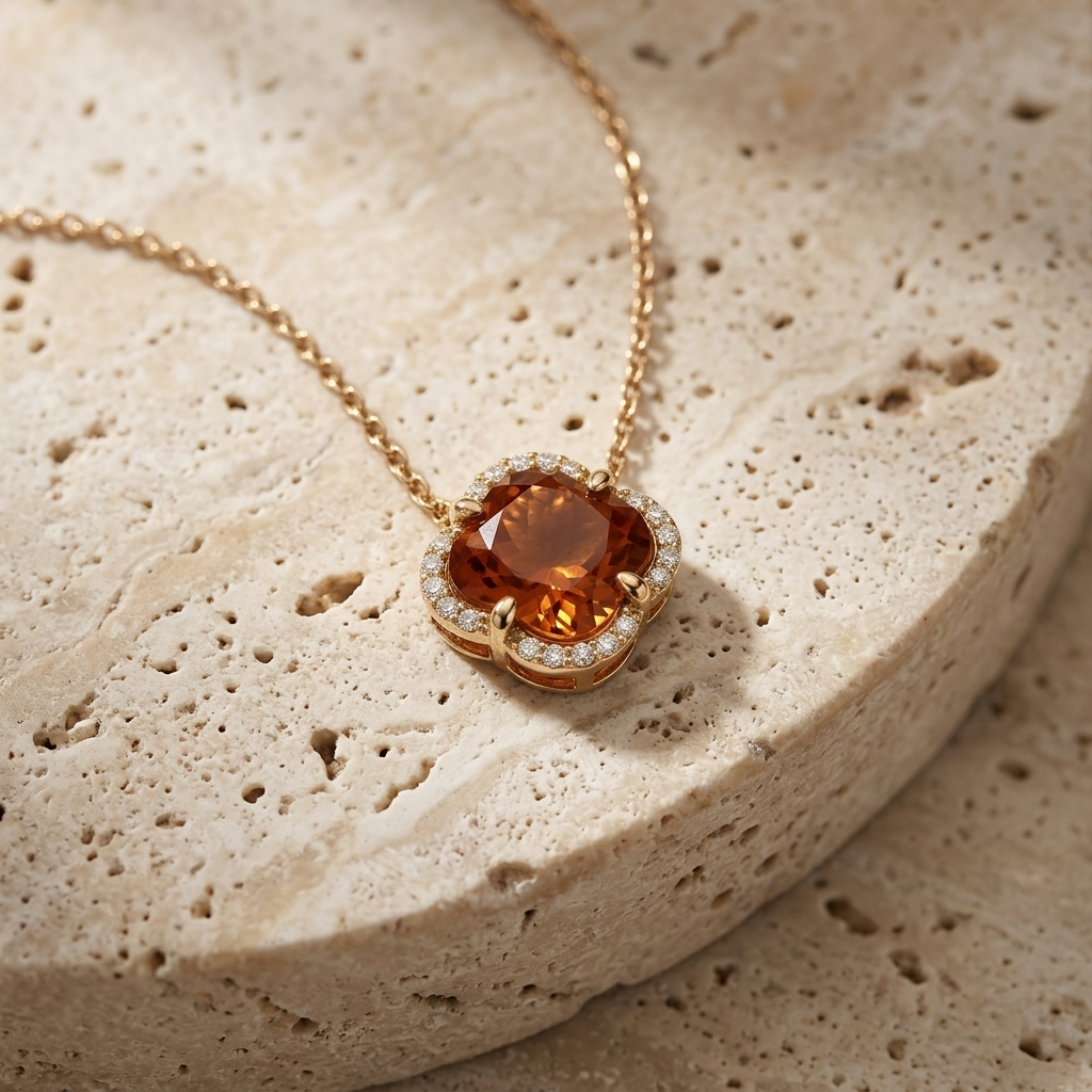Citrine & Diamond Halo Necklace
